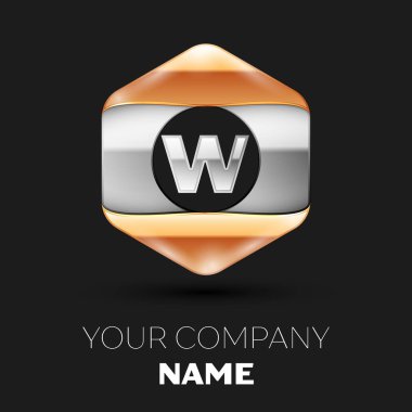 Gerçekçi gümüş harf W logo sembol siyah arka plan üzerinde renkli gümüş-altın altıgen şeklinde. Tasarımınız için vektör şablonu