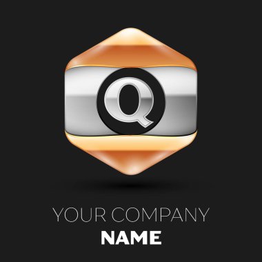 Gerçekçi gümüş harf Q logo sembol siyah arka plan üzerinde renkli gümüş-altın altıgen şeklinde. Tasarımınız için vektör şablonu