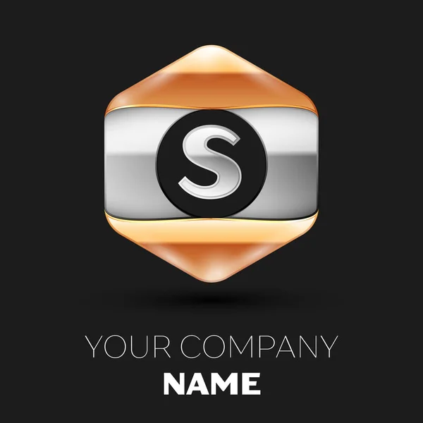 Realistic Silver Letter S logo symbol in the colorful silver-golden hexagonal shape on black background. Vector template for your design — Stock Vector