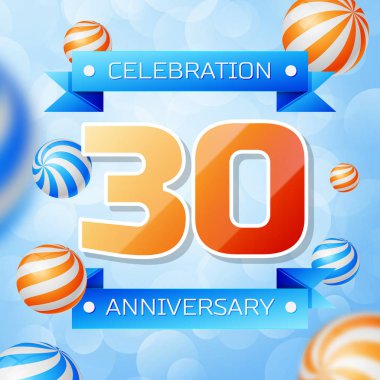 Gerçekçi otuz yıl yıldönümü kutlamaları tasarım afiş. Altın numaraları ve mavi kurdele, mavi zemin üzerine balonlar. Doğum günü partin için renkli vektör şablon öğeleri