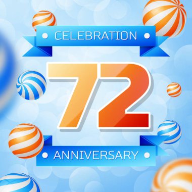 Gerçekçi yetmiş iki yıl yıldönümü kutlamaları tasarım afiş. Altın numaraları ve mavi kurdele, mavi zemin üzerine balonlar. Doğum günü partin için renkli vektör şablon öğeleri