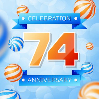 Gerçekçi yetmiş dört yıl yıldönümü kutlamaları tasarım afiş. Altın numaraları ve mavi kurdele, mavi zemin üzerine balonlar. Doğum günü partin için renkli vektör şablon öğeleri