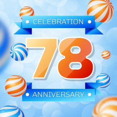 Gerçekçi yetmiş sekiz yıl yıldönümü kutlamaları tasarım afiş. Altın numaraları ve mavi kurdele, mavi zemin üzerine balonlar. Doğum günü partin için renkli vektör şablon öğeleri