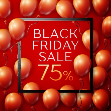 Gerçekçi kırmızı parlak balonlar merkezinde indirim için siyah Cuma satış yetmiş beş yüzde'yazıt ile siyah kurdele ile kare kare kırmızı zemin üzerine. Vektör çizim