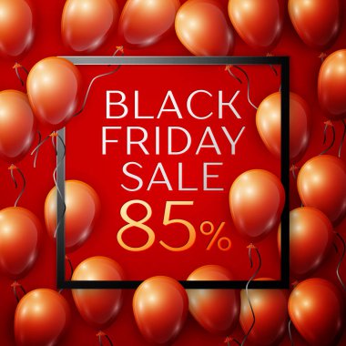 Gerçekçi kırmızı parlak balonlar merkezinde indirim için siyah Cuma satış seksen beş yüzde'yazıt ile siyah kurdele ile kare kare kırmızı zemin üzerine. Vektör çizim