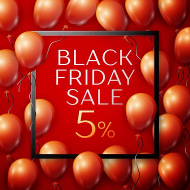 Siyah kırmızı parlak balonlarla gerçekçi yazıt merkezinde siyah Cuma satışı ile %5 indirim kırmızı arka plan ile kare çerçeve için şerit. Vektör çizim