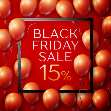 Siyah kırmızı parlak balonlarla gerçekçi yazıt merkezinde siyah Cuma satış ile yüzde onbeş kırmızı arka plan ile kare çerçeve indirim için şeridi. Vektör çizim