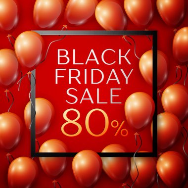 Siyah kırmızı parlak balonlarla gerçekçi yazıt merkezinde siyah Cuma satışı ile kırmızı arka plan ile kare çerçeve indirim için % 80'i şeridi. Vektör çizim