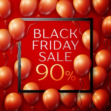 Siyah kırmızı parlak balonlarla gerçekçi yazıt merkezinde siyah Cuma satışı ile kırmızı arka plan ile kare çerçeve indirim için % 90'ı şeridi. Vektör çizim