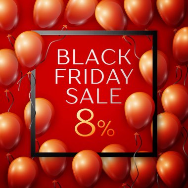 Siyah kırmızı parlak balonlarla gerçekçi yazıt merkezinde siyah Cuma satış ile yüzde sekiz kare kare kırmızı zemin üzerine indirim için şerit. Vektör çizim