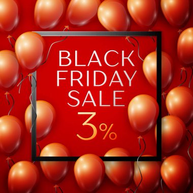 Siyah kırmızı parlak balonlarla gerçekçi yazıt merkezinde siyah Cuma satışı ile %3 iskonto kare kare kırmızı zemin üzerine şerit. Vektör çizim