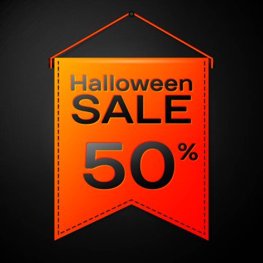 Gerçekçi turuncu flama yazıt Cadılar Bayramı Satılık elli yüzde indirim siyah arka plan için. Renkli etiket, satış, alışveriş, iş tema için afiş. Vektör çizim
