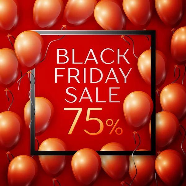 Gerçekçi kırmızı parlak balonlar merkezinde indirim için siyah Cuma satış yetmiş beş yüzde'yazıt ile siyah kurdele ile kare kare kırmızı zemin üzerine. Vektör çizim