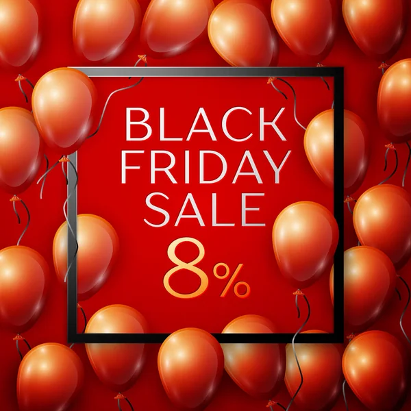 Siyah kırmızı parlak balonlarla gerçekçi yazıt merkezinde siyah Cuma satış ile yüzde sekiz kare kare kırmızı zemin üzerine indirim için şerit. Vektör çizim