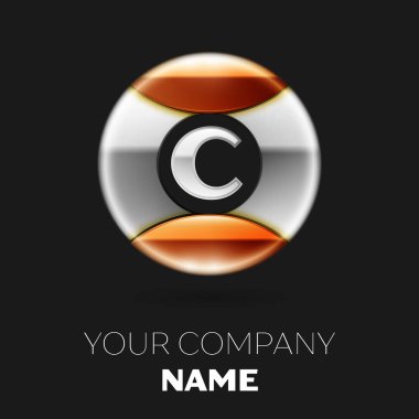 Gerçekçi gümüş harf C logo sembol siyah arka plan üzerine gümüş-altın renkli daire şeklinde. Tasarımınız için vektör şablonu