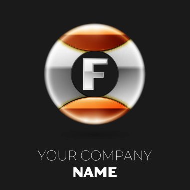 Gerçekçi gümüş harf F logo sembol siyah arka plan üzerine gümüş-altın renkli daire şeklinde. Tasarımınız için vektör şablonu