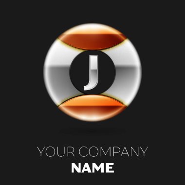 Gerçekçi gümüş harf J logo sembol siyah arka plan üzerine gümüş-altın renkli daire şeklinde. Tasarımınız için vektör şablonu