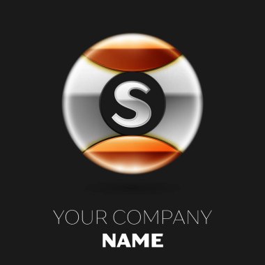 Gerçekçi gümüş harf S logo sembol siyah arka plan üzerine gümüş-altın renkli daire şeklinde. Tasarımınız için vektör şablonu