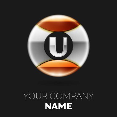 Gerçekçi gümüş harf U logo sembol siyah arka plan üzerine gümüş-altın renkli daire şeklinde. Tasarımınız için vektör şablonu