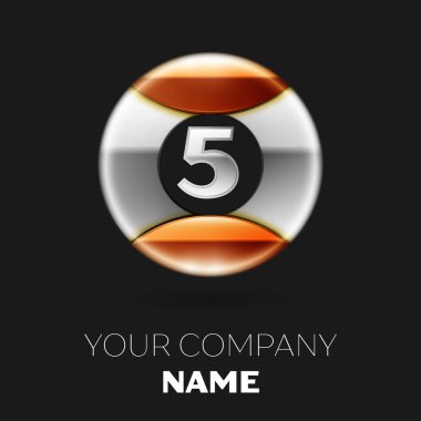 Gerçekçi gümüş beş numara logo sembol siyah arka plan üzerine gümüş-altın renkli daire şeklinde. Tasarımınız için vektör şablonu