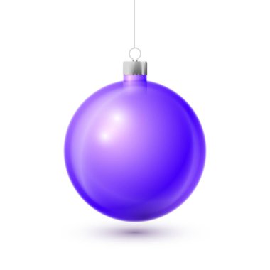 Beyaz arka plan üzerinde izole gümüş kurdele ile gerçekçi Violet Noel top. Neşeli Noel tebrik kartı. Vektör çizim