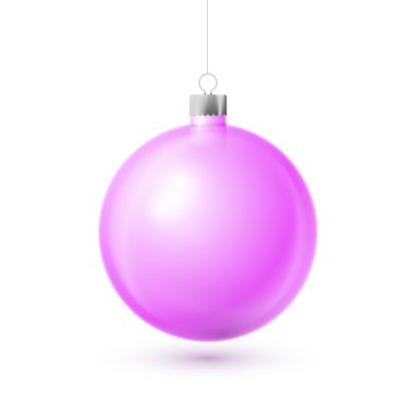 Beyaz arka plan üzerinde izole gümüş kurdele ile gerçekçi pembe Noel top. Neşeli Noel tebrik kartı. Vektör çizim