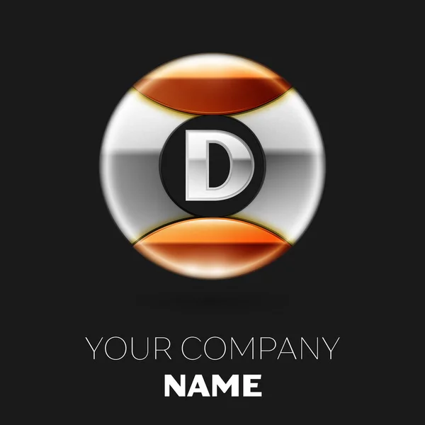 Symbole réaliste du logo de la lettre D en argent doré en forme de cercle coloré sur fond noir. Modèle vectoriel pour votre conception — Image vectorielle