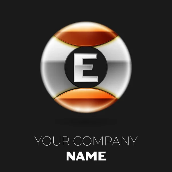Realistické stříbrné písmeno E logo symbol v obrazci stříbro zlatý Barevný kruh na černém pozadí. Vektor šablona pro návrh — Stockový vektor