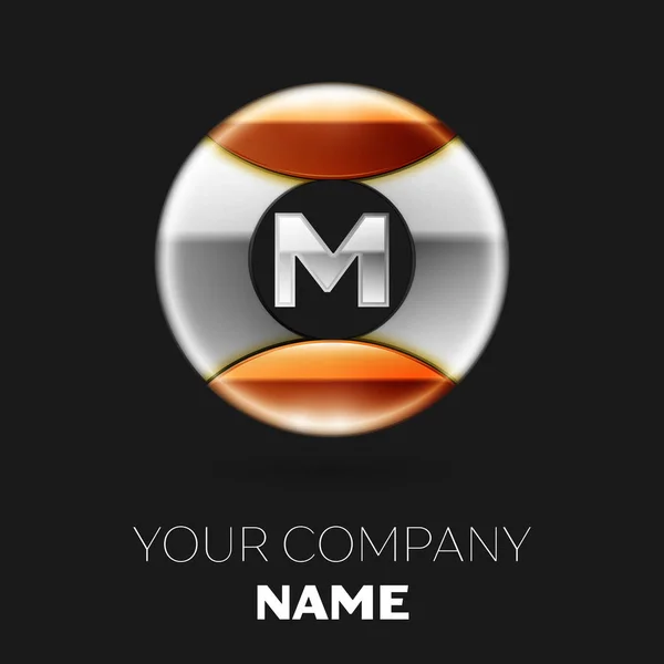 Gerçekçi gümüş harf M logo sembol siyah arka plan üzerine gümüş-altın renkli daire şeklinde. Tasarımınız için vektör şablonu — Stok Vektör