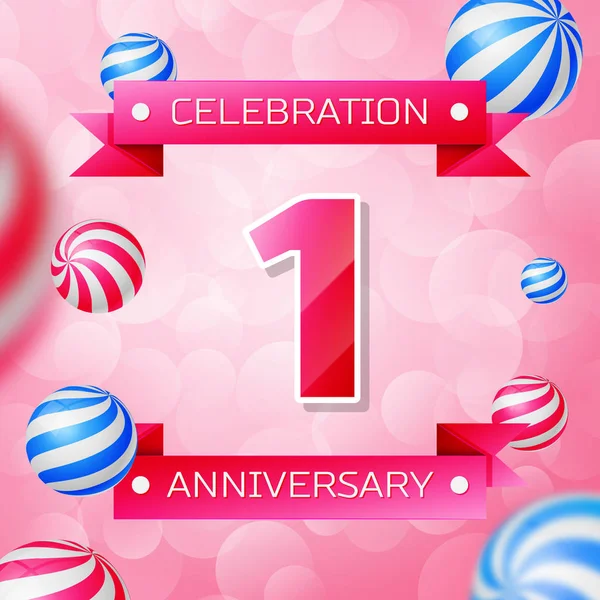 Realistic One Years Anniversary Celebration design banner. Pink numbers and pink ribbons, balloons on pink background. Colorful Vector template elements for your birthday party — Stock Vector