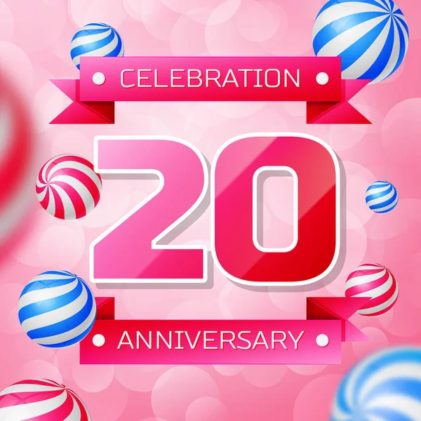 Realistic Twenty Years Anniversary Banner de diseño de celebración. Números rosas y cintas rosas, globos sobre fondo rosa. Coloridos elementos de plantilla Vector para su fiesta de cumpleaños — Archivo Imágenes Vectoriales