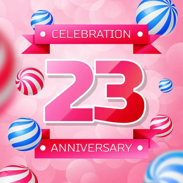 Realista Veintitrés Años Aniversario Banner de diseño de celebración. Números rosas y cintas rosas, globos sobre fondo rosa. Coloridos elementos de plantilla Vector para su fiesta de cumpleaños — Archivo Imágenes Vectoriales