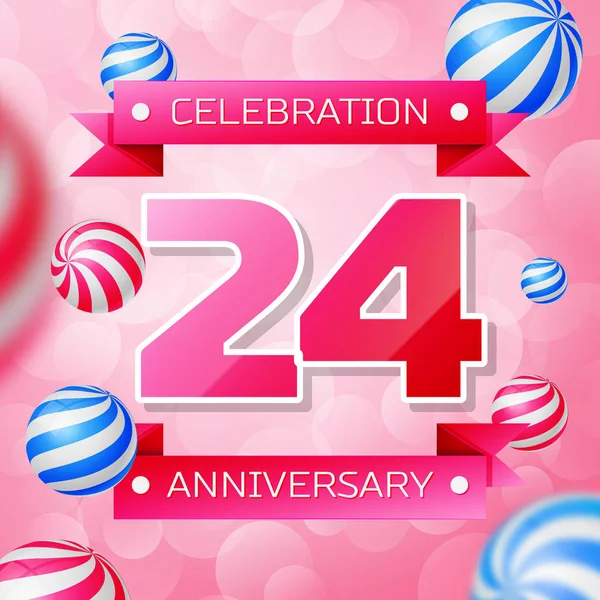 Realista Veinticuatro Años Aniversario Banner de diseño de celebración. Números rosas y cintas rosas, globos sobre fondo rosa. Coloridos elementos de plantilla Vector para su fiesta de cumpleaños — Archivo Imágenes Vectoriales