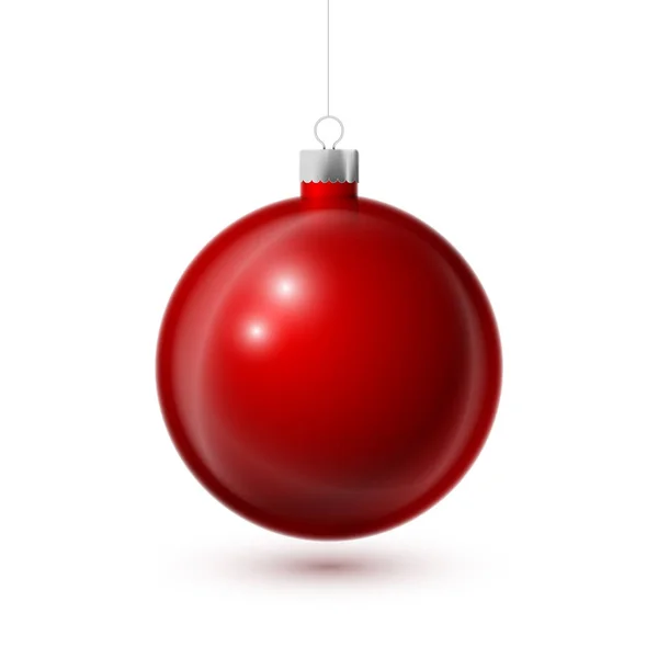 Realistische Red Christmas bal met zilver lint, geïsoleerd op een witte achtergrond. Merry Christmas wenskaart. Vectorillustratie — Stockvector