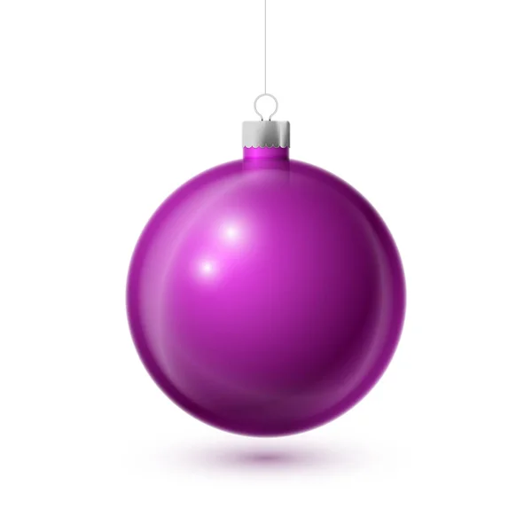 Boule de Noël réaliste violette avec ruban argenté, isolée sur fond blanc. Joyeux voeux de Noël. Illustration vectorielle — Image vectorielle