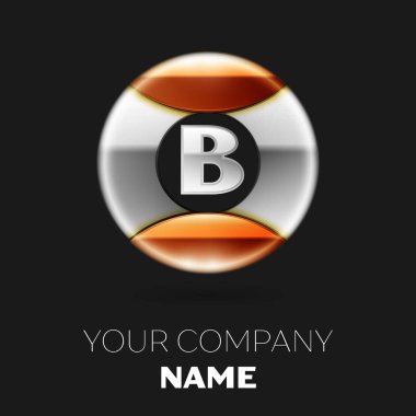 Gerçekçi gümüş mektup B logo sembol siyah arka plan üzerine gümüş-altın renkli daire şeklinde. Tasarımınız için vektör şablonu