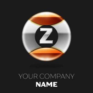 Gerçekçi gümüş harf Z logo sembol siyah arka plan üzerine gümüş-altın renkli daire şeklinde. Tasarımınız için vektör şablonu