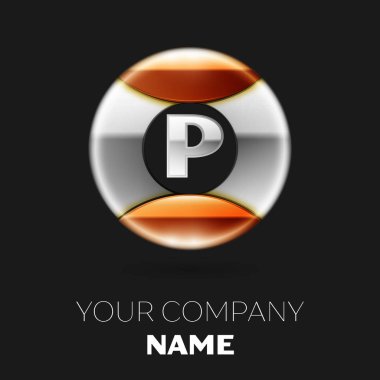 Gerçekçi gümüş harf P logo sembol siyah arka plan üzerine gümüş-altın renkli daire şeklinde. Tasarımınız için vektör şablonu