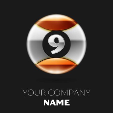 Gerçekçi gümüş Number Nine logo sembol siyah arka plan üzerine gümüş-altın renkli daire şeklinde. Tasarımınız için vektör şablonu