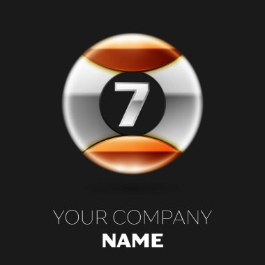 Gerçekçi gümüş yedi numara logo sembol siyah arka plan üzerine gümüş-altın renkli daire şeklinde. Tasarımınız için vektör şablonu