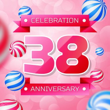 Gerçekçi otuz sekiz yıl yıldönümü kutlamaları tasarım afiş. Pembe numaraları ve pembe kurdele, pembe bir arka plan üzerinde balonlar. Doğum günü partin için renkli vektör şablon öğeleri
