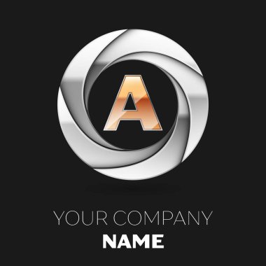 Gerçekçi altın harf logo sembol siyah arka plan üzerine gümüş renkli daire şeklinde. Tasarımınız için vektör şablonu