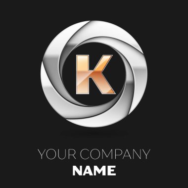 Gerçekçi altın harf K logo sembol siyah arka plan üzerine gümüş renkli daire şeklinde. Tasarımınız için vektör şablonu
