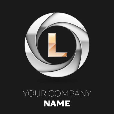 Gerçekçi altın L harfi logo sembol siyah arka plan üzerine gümüş renkli daire şeklinde. Tasarımınız için vektör şablonu