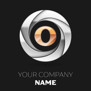 Gerçekçi altın harf O logo sembol siyah arka plan üzerine gümüş renkli daire şeklinde. Tasarımınız için vektör şablonu