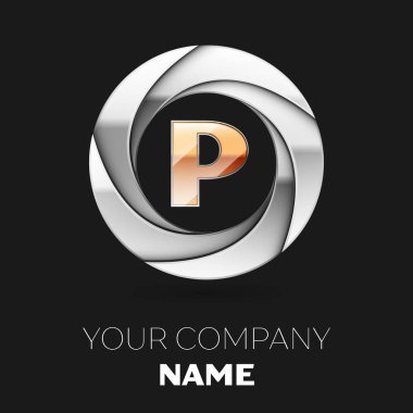 Gerçekçi altın harf P logo sembol siyah arka plan üzerine gümüş renkli daire şeklinde. Tasarımınız için vektör şablonu