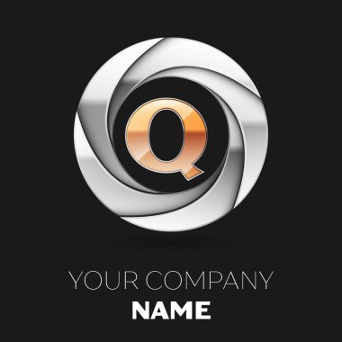 Gerçekçi altın harf Q logo sembol siyah arka plan üzerine gümüş renkli daire şeklinde. Tasarımınız için vektör şablonu