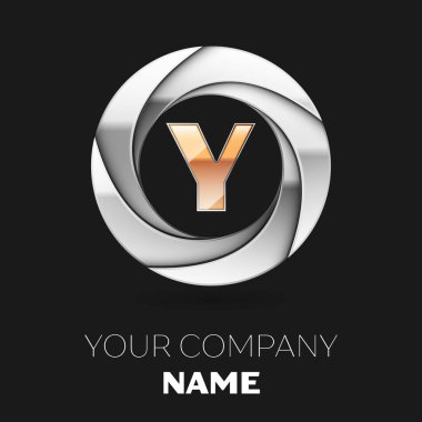 Gerçekçi altın harf Y logo sembol siyah arka plan üzerine gümüş renkli daire şeklinde. Tasarımınız için vektör şablonu