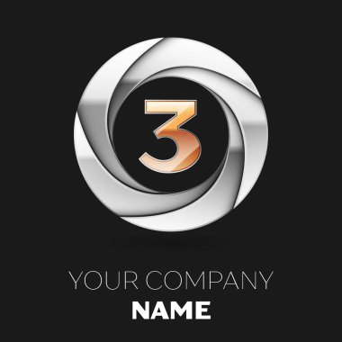 Gerçekçi altın üç numara logo sembol siyah arka plan üzerine gümüş renkli daire şeklinde. Tasarımınız için vektör şablonu