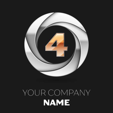 Gerçekçi altın sayı dört logo sembol siyah arka plan üzerine gümüş renkli daire şeklinde. Tasarımınız için vektör şablonu